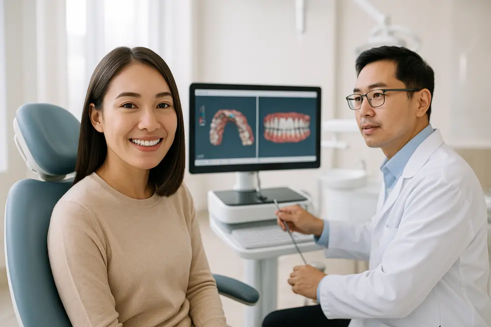 Bệnh nhân niềng răng trong suốt đang được bác sĩ tư vấn với các mô hình kỹ thuật số trong phòng khám nha khoa hiện đại tại TP.HCM năm 2025